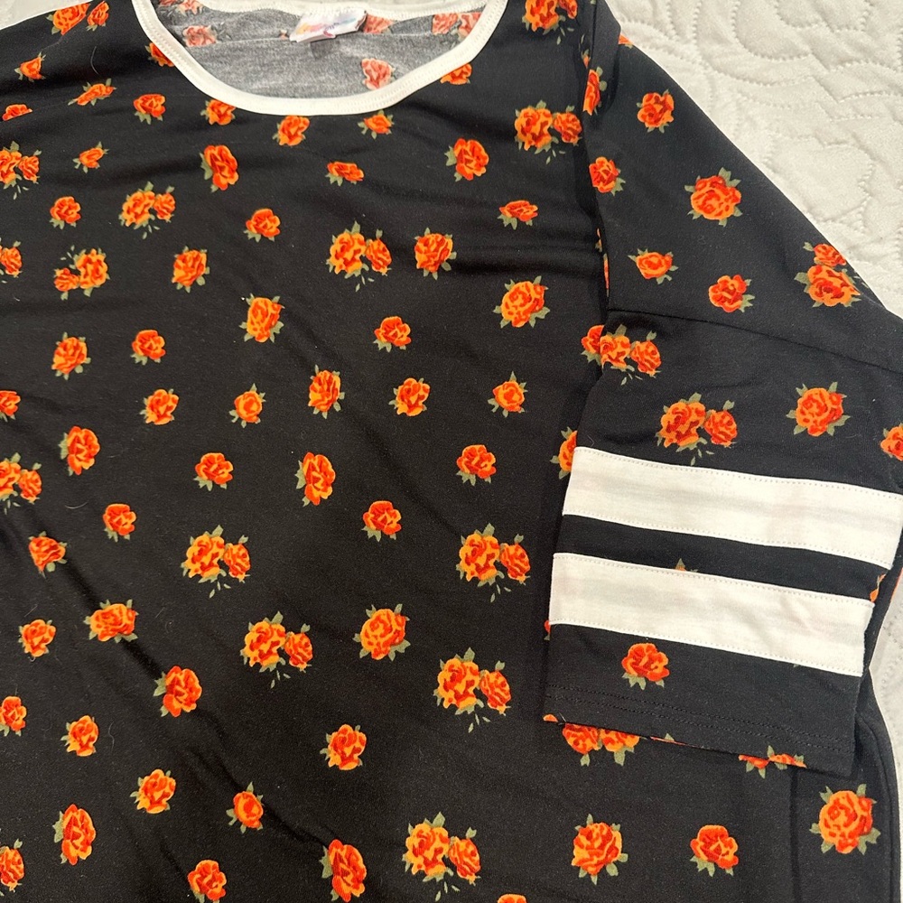 LuLaRoe Small Black and Floral Irma with Baseball Style Sleeves